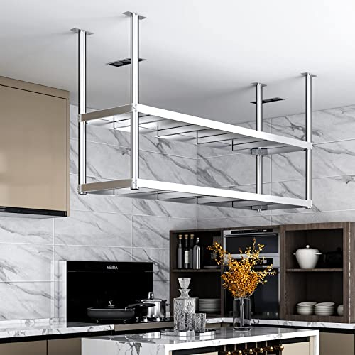 Weinregal aus Edelstahl für die Decke, hängendes Lagerregal, minimalistisches Küchenregal, Pflanzenständer für draußen, 2-stöckiges Küchenregal, belastbar 70–90 kg (