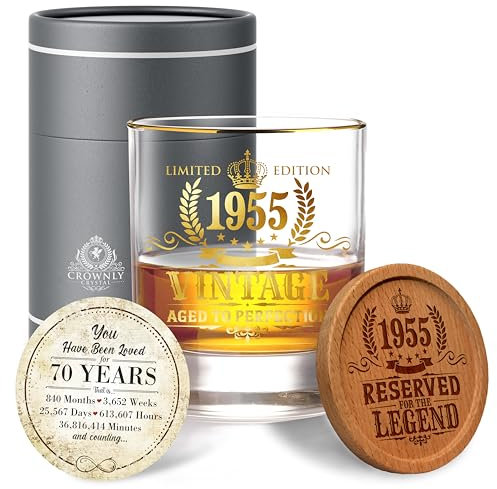 CROWNLY CRYSTAL® 1955 Regalo Uomo 70 Anni Bicchieri Da Rum Bicchieri Da Whisky Bicchiere Personalizzato Decorazioni Regali Personalizzati Regali Originali Regali Per Papà Idee Regalo Uomo