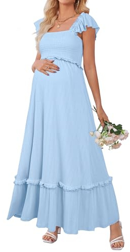 OUGES Womens 2025 Summer Maternity Photoshoot Dress Boho Maxi Smocked Baby Shower Dress Ruffle Sleeve Maternity Clothes