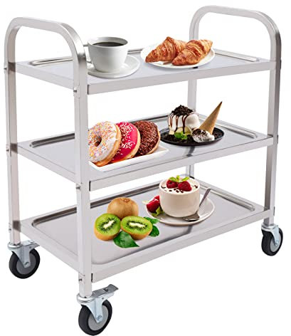 Owneed 3-Etagen Edelstahl Servierwagen Teewagen Reinigungswagen Lebensmittelwagen mit Rollenfür Küche, Hotel, Restaurant (75 x 40 x 83,5 cm)