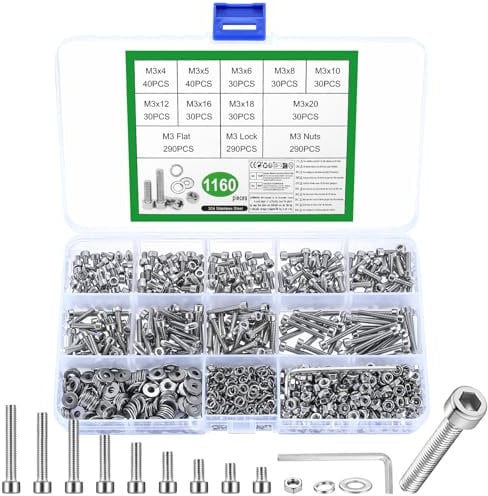 1160 Pcs M3 Nuts and Bolts Set, Hex Socket Head Cap Screws Bolts and Nuts Set, Stainless Steel Machine Screws Bolts Set, Assorted Nuts and Bolts with Lock & Flat Washers Assortment for DIY Repair