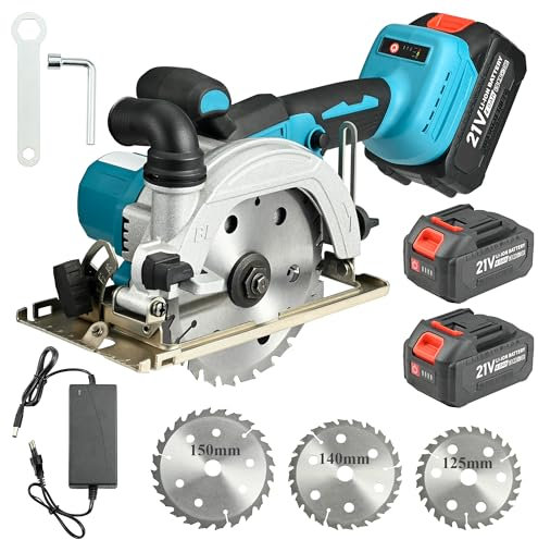 QIUMIN Sega Circolare a Batteria, Mini Sega Circolare Brushless con 2x Batterie da 4000mAh, Profondità di Taglio 48mm, Taglio Angolare 0-45°, Incluse 3 Lame (125mm/140mm/150mm)