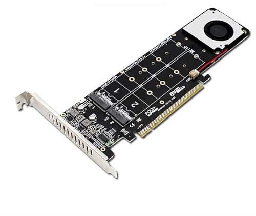 Sintech Quad NVMe SSD PCIe Adapter, 4 M.2 NVMe SSD to PCI-e 4.0 3.0 x16 Card with Fan Support 2242 2280 22110 NVMe SSD (PCI-e 16X Bifurcation Required)