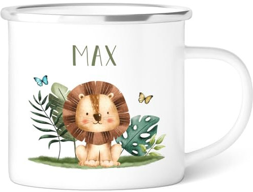 GRAVURZEILE Emaille Tasse für Kinder - Tiergruppe Safari - Personalisiert mit Namen - versch. Tiermotive zur Auswahl - 300 ml - Trinkbecher für Kinder - Geschenk für Jungen & Mädchen