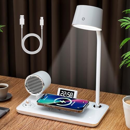 Desk Lamp with Wireless Charging, Dimmable LED Reading Lamp with Bluetooth Speaker and Alarm Clock, Touch Contro Study Lamps Table Lights for Studying Working and Relaxing