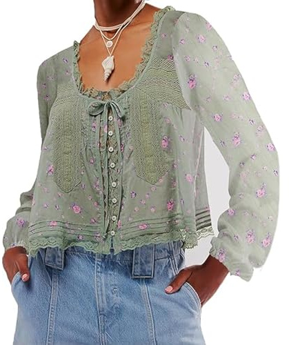 RUIWANBBY Women's Lace Tie Front Top Y2k Coquette Long Sleeve Ruffle Button Down Cardigan Shirt Going Out Flowy Peplum Tops