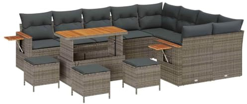vidaXL 13-teiliges Garten-Sofa-Set mit Kissen in Grau, Poly-Rattan und einem Akazien-Holztisch. Perfekt für Terrasse und Lounge. Modular und UV-beständig.