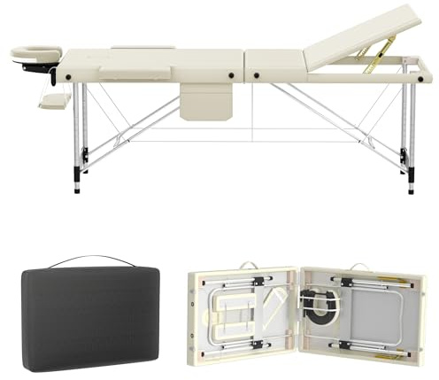 UISEBRT Massageliege aus Aluminium klappbar und höhenverstellbar mit 3 Zonen, 230 kg Traglast, 8,5 cm Schaumstoffpolsterung, inklusive Tragetasche, Kopfstütze und Seitenarmlehnen (Beige)