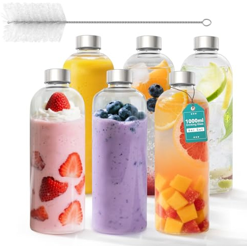 ACXIN Lot de 6 gourdes en verre borosilicate de 1000 ml avec couvercle en acier inoxydable et brosse de nettoyage - Passe au lave-vaisselle - Résistant à la chaleur et anti-fuite - Pour le bureau et