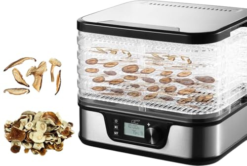 Elektrische Food Trockner LTC 380W mit LED Bildschirm und 24h Timer 5 abwaschbare Platten Thermostat 35-75°C für Pilze Obst Gemüse Kräuter Fleisch robustes Design Schwarz Metall