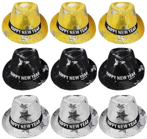 HEREER 9 Stück Neujahr Silvester Partyhut Gold Schwarz Silvester Partyhut Frohes Neues Jahr Fedora hüte Dekorationen für Männer und Frauen Silvesterpartydeko 2026