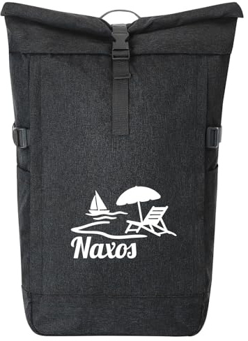 Huuraa Kurierrucksack Naxos Inselmotiv Griechenland Geschenk | 30-44 Liter Backpack Black Melange Fairtrade Rolltop Rucksack Geschenkidee Schwarzer Laptop-Rucksack passend für 17-Zoll