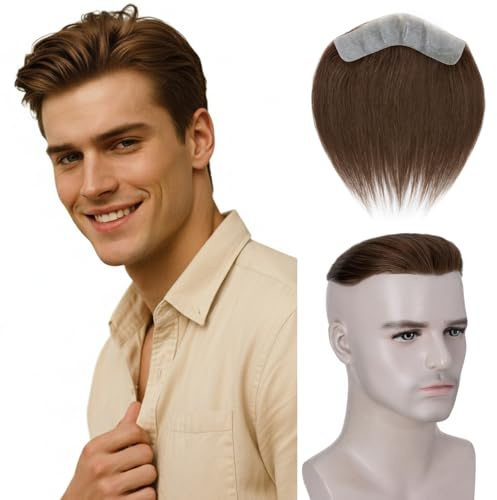 MY-LADY Human Hair Toupee for Men - V-Shaped Forehead Hair System 6 Inch 12g, Men's Replacement Hairpiece Fringe Bang & Natural Hairline Patch #4 Medium Brown
