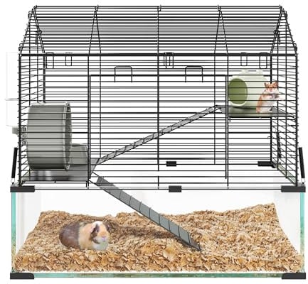 RBFGYIOP Hamsterkäfig Mit Glasbecken 58x38x54 cm, Belüfteter Kleintierkäfig Nagarium 3 Etagen, Komplettset Mit Laufrad & Zubehör Für Mäuse Und Andere Nager