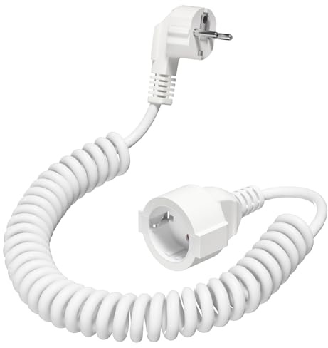 Cavo di Prolunga a Spirale Estensibile, Schuko, 0,7M a 2M, 230V/16A, Cavo a Spirale con Contatto di Protezione per Casa, Ufficio, Esterno, Bianco