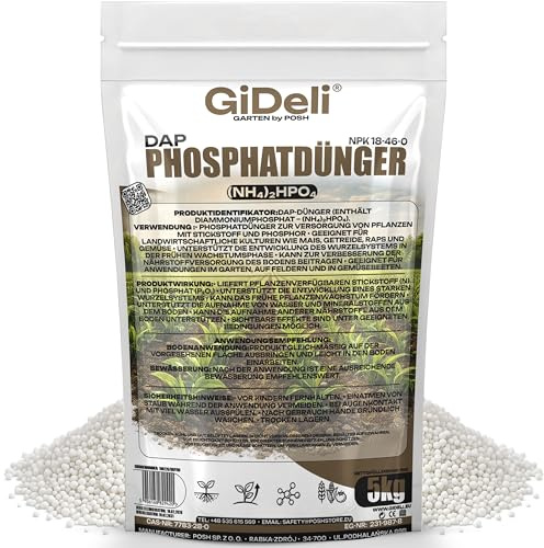 GiDeli DAP 5 kg Phosphatdünger NPK 18-46 Granulat für Mais und Gemüse | versorgt Gemüse und Obst, kräftige Wurzelbildung, schnell löslich, ausreichender Vorrat für die Gartensaison