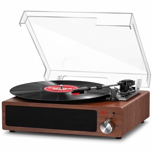FYDEE Record Player, Built-in Speakers & Bluetooth Receiver, Walnut | 3-Speed (33/45/78 RPM) Turntable, RCA/AUX, 3 LP Sizes, Headphone Jack, Auto-Stop, Dust Cover, Ideal for Home Listening & Gift