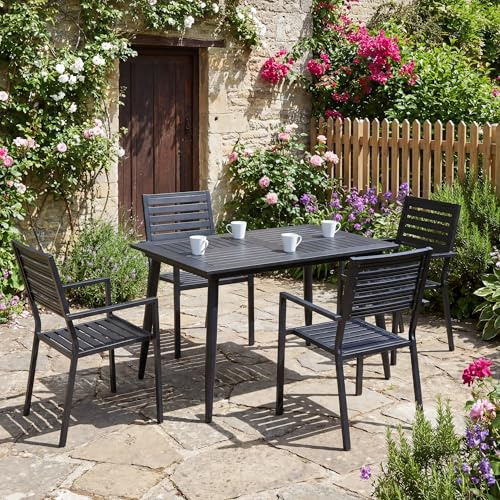 Roomark Gartenmöbel Set 4/6 Personen, Wetterfeste Sitzgruppe Outdoor mit Großem Gartentisch und Stapelstühlen, Stabiler Esstisch aus Gusseisen für Garten Terrasse Balkon, Schwarz (1 Tisch + 4 Stühle)