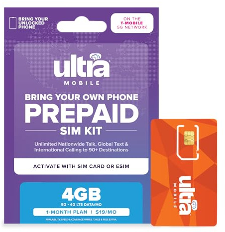 Ultra Mobile 4GB Prepaid SIM Kit, 1-Month Plan on the T-Mobile 5G Network