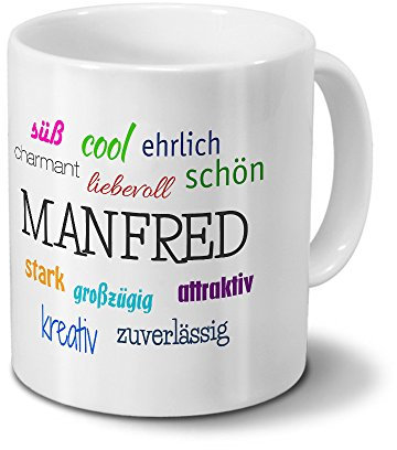 printplanet Tasse mit Namen Manfred - Positive Eigenschaften von Manfred - Namenstasse, Kaffeebecher, Mug, Becher, Kaffeetasse - Farbe Weiß