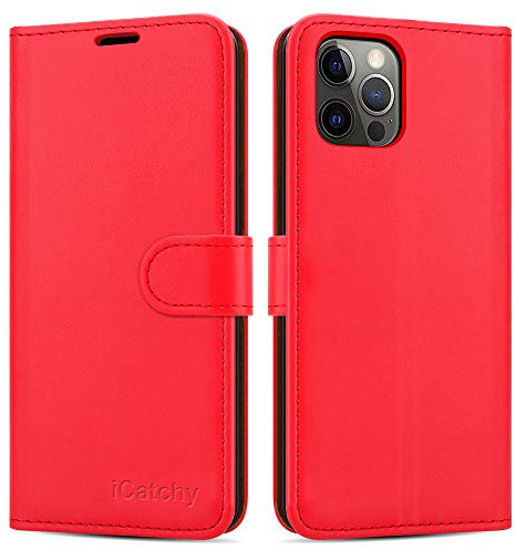 iCatchy for iPhone 12 Case/iPhone 12 Pro case Leather Wallet Book Flip Folio Stand View Case Compatible with iPhone 12 / iPhone 12 Pro (6.1'') Phone Cover (Red)