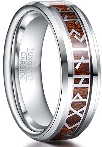 TUNGSTORY Wikinger Ring Herren 8mm Wolfram Silber Ring mit Holz Wikinger Schmuck Herren Ehering Größe 57.0(18.1)