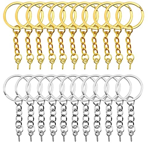 YapitHome 60 Stücke 25MM Gold Schlüsselring mit Kette Silber Schlüsselringe mit Kette Schlüsselanhänger mit Gliederkette mit Schraubenaugen Geeignet für Handgefertigte DIY-Produkte(Silber,Gold)
