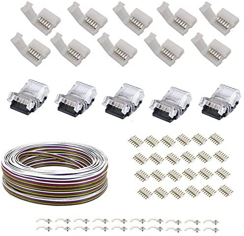 ENQIMAOYI 6-poliges 12 mm RGBWW 16.4 FT5M Verlängerungskabel für RGBCCT 5050 3528 farbwechselndes flexibles LED-Licht mit 10 Gapless-Steckern, 20 LED-Streifenclips, 20 Steckern