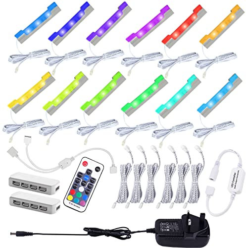 AIBOO LED Under Cabinet Lights Kit for Glass Edge Shelf Back Side Lighting Using Flexible Cable and Clip with RF Remote Control (RGB 12 Pack)