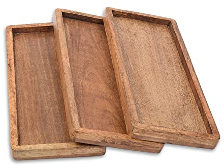 Samhita Lot de 3 plateaux de service décoratifs en bois de manguier avec bord surélevé pour présenter des fruits, des collations, des apéritifs, des sushis, des plats