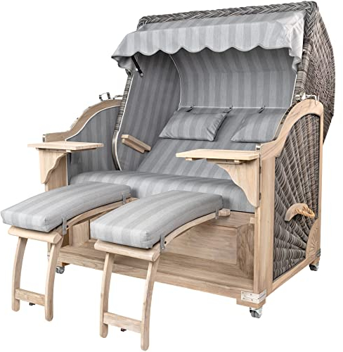 Strandkorbprofis Strandkorb Kampen Teak Vintage, Geflecht Old-Teak, Stoff Innsbruck grau