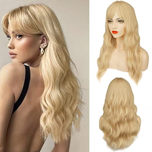 BARSDAR Lange Blond Perücke mit Pony, 66cm Lange Gewellte Perücke mit Pony für Frauen Synthetische Blond Haar Perücken Natürliches Aussehen Täglich Cosplay Party Halloween
