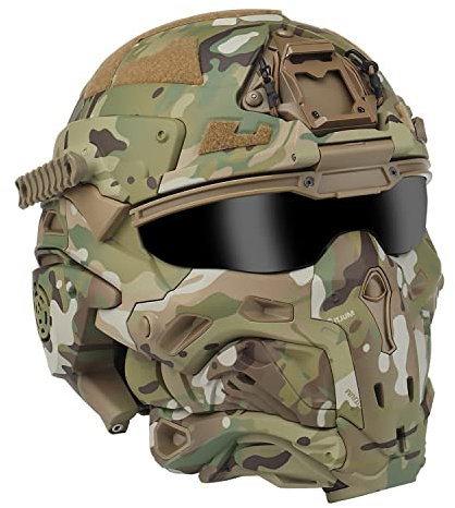 CZMYCBG Tactical Airsoft Paintball Fast Helm, Verstellbares Militärisches Vollgesichts-Schutzmasken-Set, Eingebaute HD-Kopfhörer Und Antibeschlag-Lüfter,Tarnen