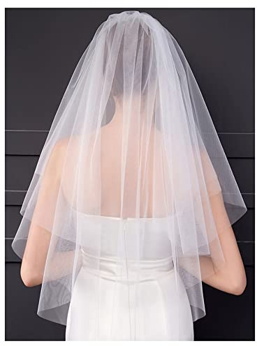 KOFSOL Ts Braut-Hochzeitsschleier, 2-lagiger Schnittkanten-Ellenbogen-Länge Einfacher Brautschleier mit Rouge, einfacher Abnehmbarer Schleier (Color : Ivory)