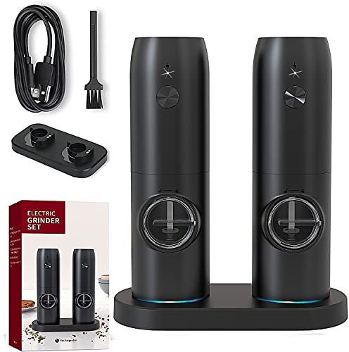 Electric Salt and Pepper Grinder Set, Automatic Salt & Pepper Mill Refillable with Rechargeable Base, USB Cables, Adjustable Coarseness Mills, One Hand Operation, LED Light (USB Charged Grinders Set)