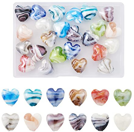 Crafans 24 Stück Herz-Perlen, handgefertigt, Lampwork-Glas, Liebesherz-Perlen, 15,5–16 mm, für Bastelarbeiten, Ohrringe, Armbänder, Halsketten, Schmuckherstellung