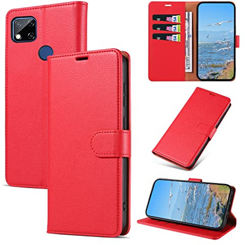KKEIKO Coque pour Xiaomi Redmi 9C, Antichoc Magnetique Étui à Rabat avec Porte Cartes, Portefeuille Housse en Cuir PU pour Xiaomi Redmi 9C, Rouge