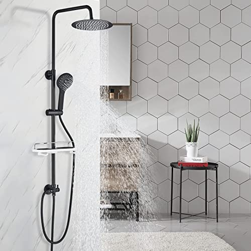 Hevenaov Regendusche Duschset Duschsystem mit Ablage Schwarz, Edelstahl Duschset ohne Armatur, Regendusche Überkopfbrauseset Kopfbrause Rund 25cm