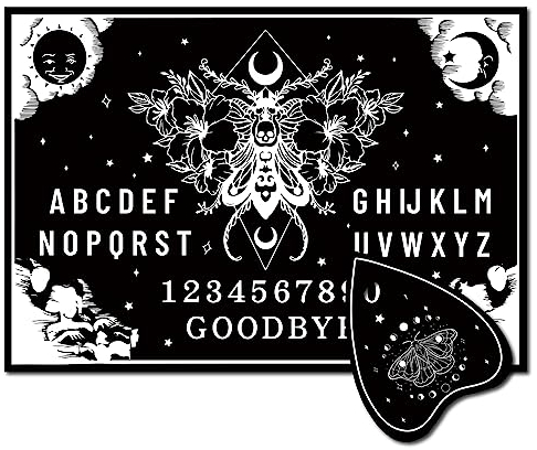 CREATCABIN Holz-Geisterbrett Pendelbrett Sprechende Holzbretter Planchette Schwarzes Wünschelruten-Wahrsagungsset Spiel Geisterjagd Metaphysische Botschaft Dekor Für Wicca Pagan 30x21cm Blumenmotte