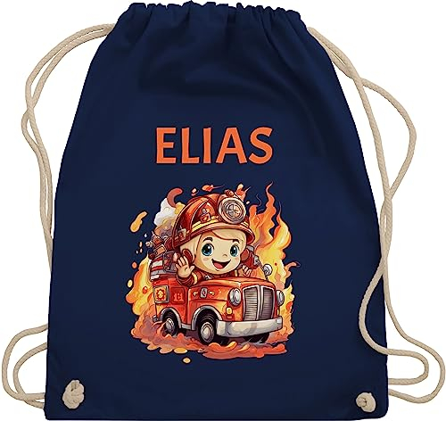 Turnbeutel Rucksack - Feuerwehr - Geschenk Feuerwehrmann mit Name personalisiert I Löschfahrzeug Motiv - Unisize - Navy Blau - turnsackerl kindergarten beutel für wechselwäsche feuerwehrauto auto