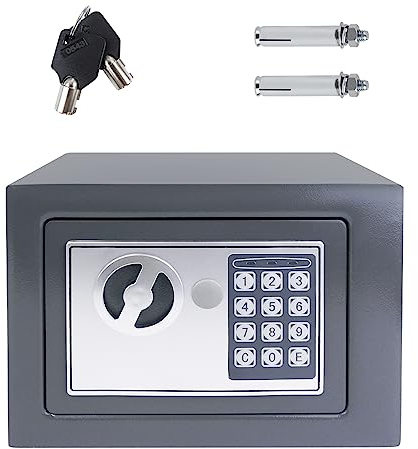 Hochsicherheits Tresor mit Digitaler Kombination und 2 Notschlüsseln, 4.6L Kleine Tresor, 23 cm x 17 cm x 17 cm (L x B x H), Grau Tresorbox für Schmuck, Bargeld