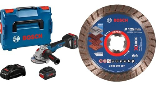 Bosch Professional 18V System Akku-Winkelschleifer GWS 18V-10 PSC (Ø 125 mm, 2x Akku, Ladegerät) + 1x EXPERT MultiMaterial X-LOCK Diamanttrennscheibe (Beton, Ziegelsteine, Weichgestein, Dachziegeln)