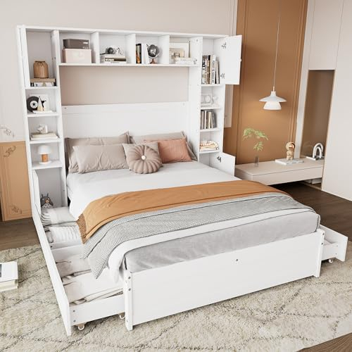 Schrankbett Bed Concept 140x200, Murphy Bed mit 4 Schubladen und großem Stauschrank, Wandbett mit Lattenrost, Funktionsbett Holzbett Doppelbett Bettschrank Jugendbett Bettgestell, ohne Matratze, Weiß