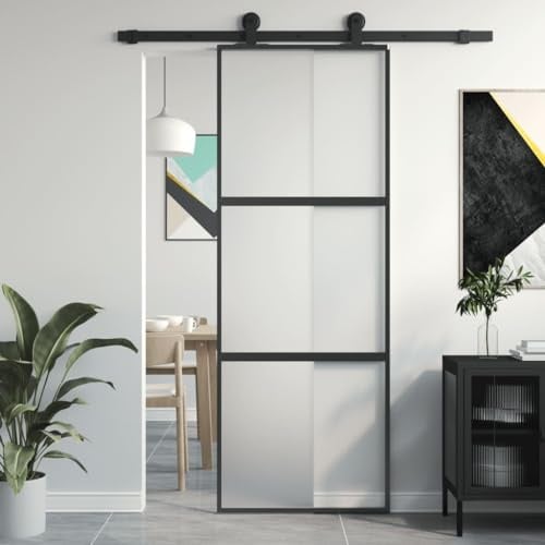 Gecheer Puerta Corredera Negra de Vidrio Templado y Aluminio - 76 x 205 cm - Interior, Juego de Puertas Correderas de Cristal