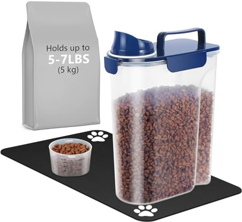 5-7Lbs Portable Airtight Dog Cat Food Container, Match Pet Feeding Mat Clean and Convenient, Making Food Less Messy, Translucent Storage Bin for Small Animal Kibble, Bird Seed, Oatmeal-Blue