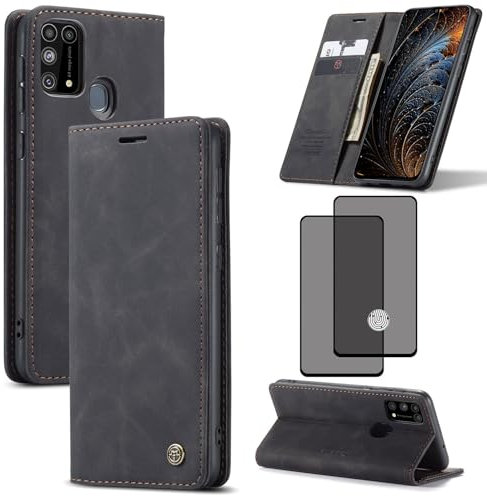 ZKGCG Kompatibel mit Samsung Galaxy M31 Handyhülle[Schwarz]+3D Tempered Glass/Leder Schutzhülle Wallet Klapphülle RFID Kartenfach Hülle Stoßfeste Bumper Ständer Phone Case Cover-2020