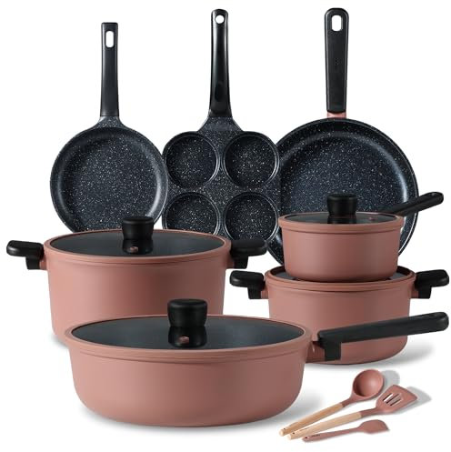 CAROTE Non Stick Pots and Pans Set, Cookware Sets Nonstick, Kitchen Cooking Set with Stay-Cool Handles,with Silicone Tools and Pot Protectors,14 Piece