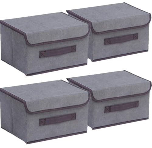 Alleshelfer Aufbewahrungsboxen mit Deckel, 4 Stück Grau Storage Box, Faltbare Aufbewahrungsbox mit Deckel, Schrank Aufbewahrungskörbe, Organizer für Kleidung, Bücher, 26x19x15cm