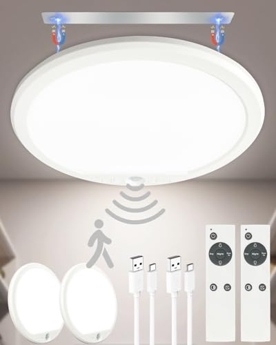2 Pack Rechargeable LED Ceiling Light for Bathroom, Closet, Hallway (Round) | Motion Sensor Shed Light with Remote, 7500mAh Battery Operated, Magnetic Mount, 3 Color Modes, Dimmable Wireless Ceiling Lamp