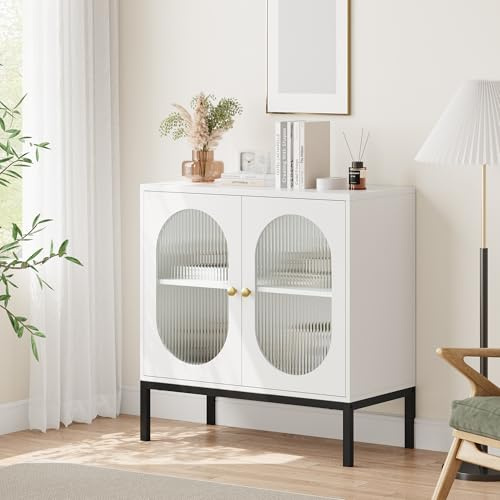 Niwugady Küchenschrank, Sideboard mit 2 Türen aus Glass, Aufbewahrungsschrank mit Verstellbaren Regalen, Buffet-Schrank mit Hoch Metallrohr Bein für Wohnzimmer Küche, 80 x 40 x 83 cm, Weiß